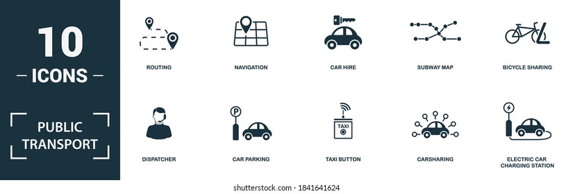 Public Transport Icon Set. Collection Of Simple Elements Such As The Routing, Navigation, Car Hire, Subway Map. Public Transport Theme Signs.