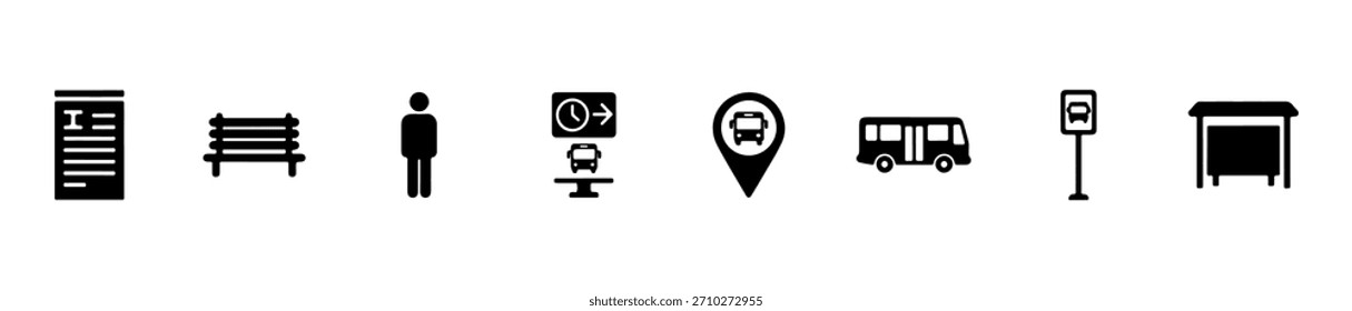 Un conjunto de iconos de transporte público con símbolos de autobús, parada, refugio, horario y pasajeros. Ideal para el diseño de tránsito o movilidad urbana.
