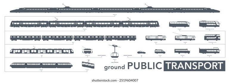 Public transport icon set. Ground vehicles silhouette on white. Vector illustration