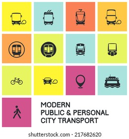 Public Transport Icon Set: Modern City / Suburban Route Transit Icons. Bus, Trolleybus, Tram/LRT, Rapid, Commuter, Monorail, Ferry, Taxicab, Bike, Pedestrian Icon. For Maps, Apps, Infographics.

