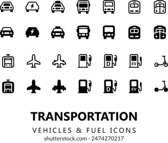 Public Transport Icon Set. Vehicle Types Car, Bus Train Metro, Ship, Railway, Air Transportation, Plane, train fuel and EV Symbol Collection. Stroke and fill Vector Illustration solid icons collection