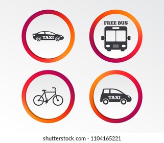 Public transport icons. Free bus, bicycle and taxi signs. Car transport symbol. Infographic design buttons. Circle templates. Vector