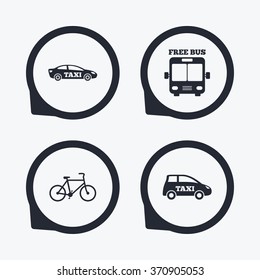 Public transport icons. Free bus, bicycle and taxi signs. Car transport symbol. Flat icon pointers.