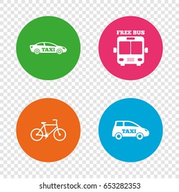 Public transport icons. Free bus, bicycle and taxi signs. Car transport symbol. Round buttons on transparent background. Vector