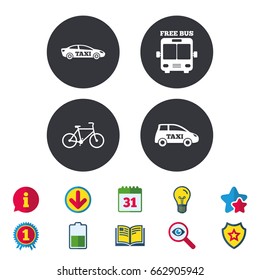 Public transport icons. Free bus, bicycle and taxi signs. Car transport symbol. Calendar, Information and Download signs. Stars, Award and Book icons. Light bulb, Shield and Search. Vector