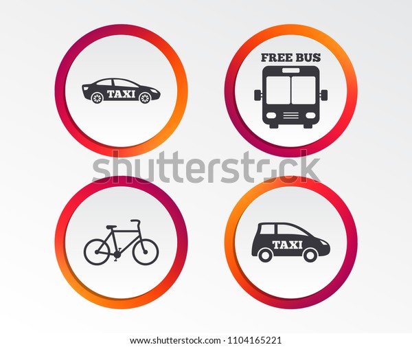 Public transport icons. Free bus, bicycle and taxi\
signs. Car transport symbol. Infographic design buttons. Circle\
templates. Vector