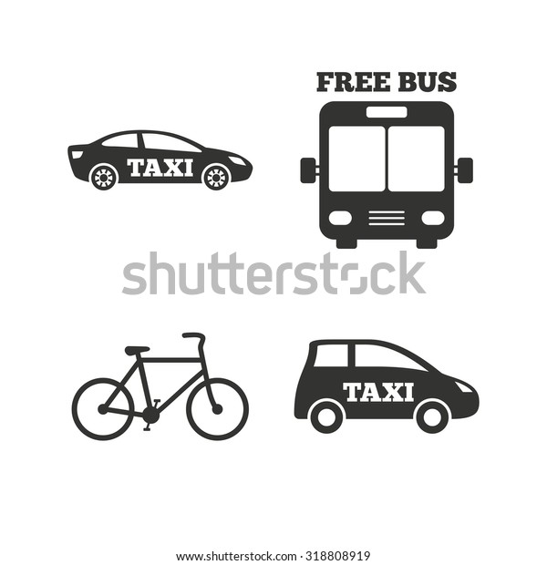 Public transport\
icons. Free bus, bicycle and taxi signs. Car transport symbol. Flat\
icons on white. Vector