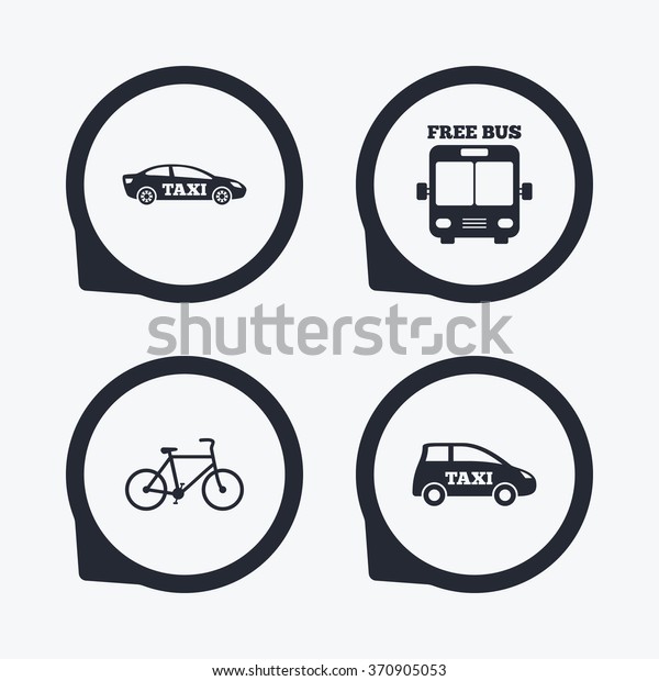 Public transport icons. Free\
bus, bicycle and taxi signs. Car transport symbol. Flat icon\
pointers.