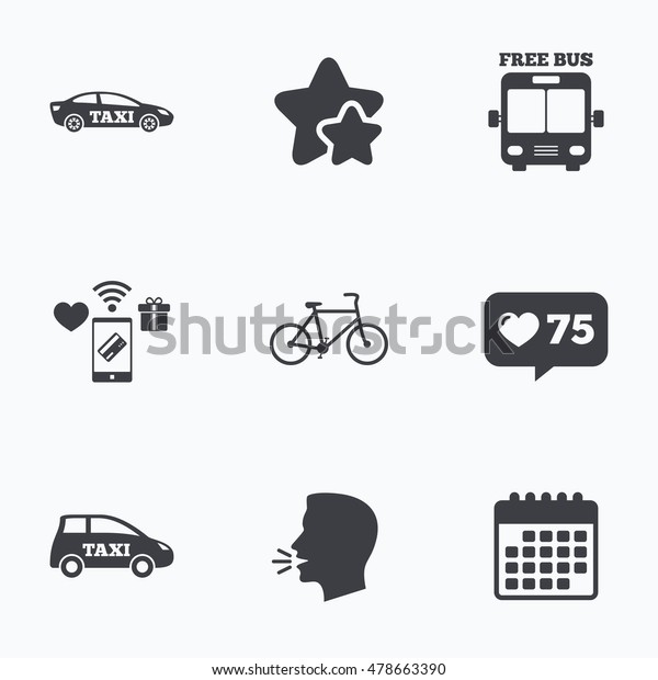Public transport icons. Free bus, bicycle
and taxi signs. Car transport symbol. Flat talking head, calendar
icons. Stars, like counter icons.
Vector