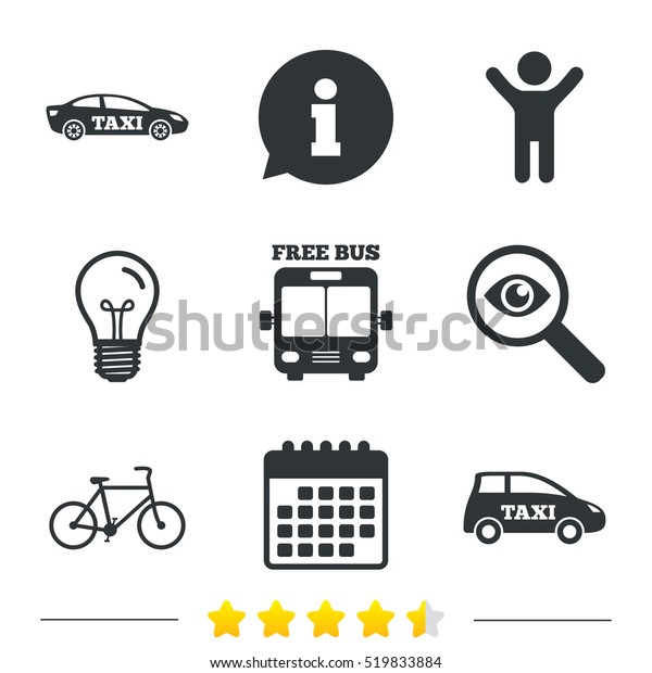 Public transport icons. Free bus,\
bicycle and taxi signs. Car transport symbol. Information, light\
bulb and calendar icons. Investigate magnifier.\
Vector