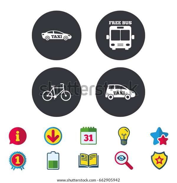 Public\
transport icons. Free bus, bicycle and taxi signs. Car transport\
symbol. Calendar, Information and Download signs. Stars, Award and\
Book icons. Light bulb, Shield and Search.\
Vector