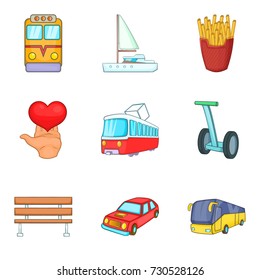 Public transport icons set. Cartoon set of 9 public transport vector icons for web isolated on white background