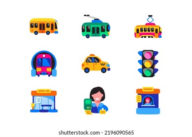 Public transport icons set vector illustration. Bus, tram, trolley-bus, train and conductor symbols. Transportation flat concept