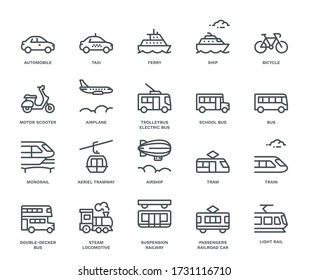 Iconos de transporte público, vista lateral. Concepto de monolina.
Los iconos fueron creados en una cuadrícula perfecta de 48x48 píxeles alineados, que proporciona un aspecto limpio y nítido. Peso ajustable del trazo. 
