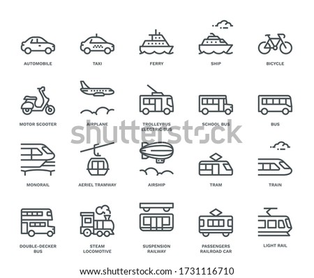 Public transport Icons, side view. Monoline concept.
The icons were created on a 48x48 pixel aligned, perfect grid providing a clean and crisp appearance. Adjustable stroke weight. 
