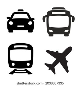 Public transport icons. Transport, vehicle icons set. Airplane, plane, bus, train, trolley bus and taxi.