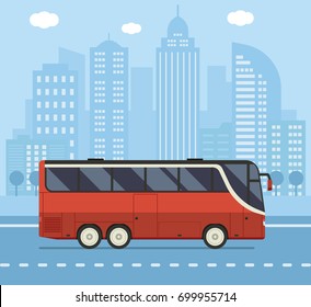 Public transport illustration with red city bus driving on downtown road. Vector concept background or banner.