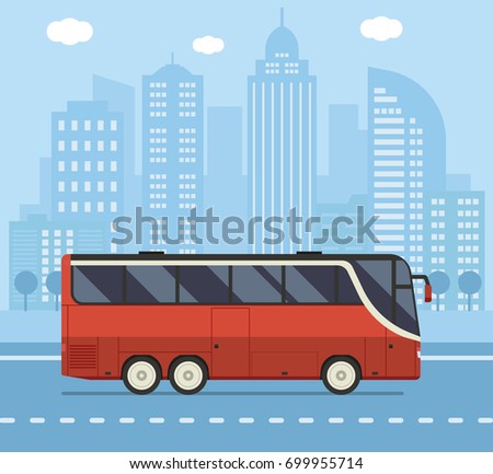 Public transport illustration with red city bus driving on downtown road. Vector concept background or banner.