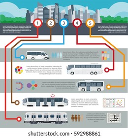 Public transport infographics template for municipal passenger trasportation routes and statistics. Vector flat design of bus, tram, subway metro train, taxi and trolleybus