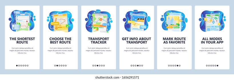 Public transport information and tracking. GPS navigation map with fastest route. Map in your phone. Mobile app screens. Vector banner template for website development. Web site design illustration.