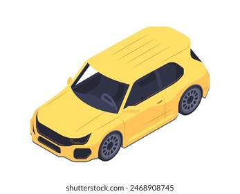 Public transport isometric icon. Colorful sticker of yellow taxi car, sedan or automobile. Passenger vehicle for city driving. Cartoon 3D vector illustration isolated on white background