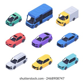 Conjunto de iconos isométricos de transporte público. Vehículos de pasajeros, coche, sedán, hatchback y minivan, camión de reparto, automóvil, autobús urbano y taxi. Colección de Vector 3D de dibujos animados aislada sobre fondo blanco