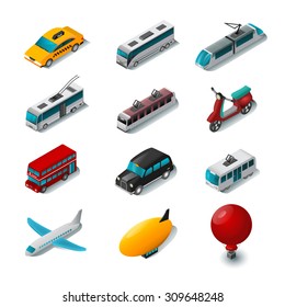 Public transport isometric icons set with cartoon scooter tram and taxi car isolated vector illustration