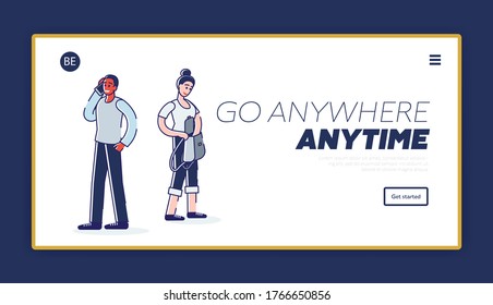 Public transport landing page design. Diverse man and woman standing in queue line at bus stop waiting for shelter. Transportation company website element. Linear vector illustration