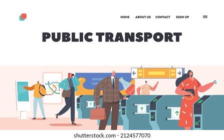 Public Transport Landing Page Template. People Travel by Subway. Male and Female Characters Pass Through Turnstile and Await Arrival of Train Buy Tickets. Cartoon People Vector Illustration