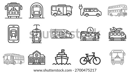 Public Transport Line Icon Set – Bus, Train, Tram, Metro, Bicycle, Ferry, Airplane, Taxi Vector Collection