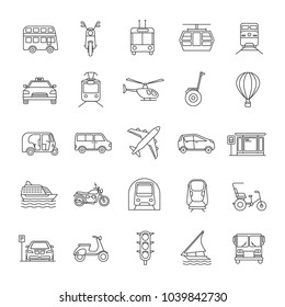 Public transport linear icons set. Thin line contour symbols. Water, land and air vehicles. Modes of transport. Isolated vector outline illustrations. Editable stroke