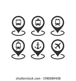 Public transport location pin vector icon set. Bus, subway and train station, airport marker symbols.