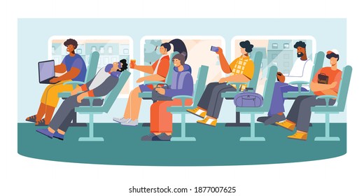 Public transport long distance bus passengers snoozing making photos messaging from phone pc flat composition vector illustration