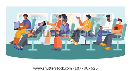 Public transport long distance bus passengers snoozing making photos messaging from phone pc flat composition vector illustration