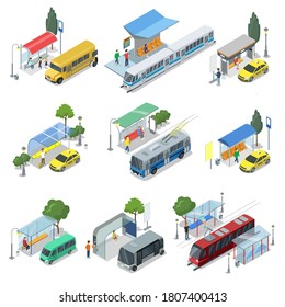 Public transport. Modern town waiting station and public transport for passenger transportation. Bus, taxi car, tramway, trolleybus, subway train vector illustration. Isometric set isolated on white