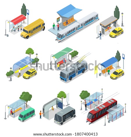 Public transport. Modern town waiting station and public transport for passenger transportation. Bus, taxi car, tramway, trolleybus, subway train vector illustration. Isometric set isolated on white