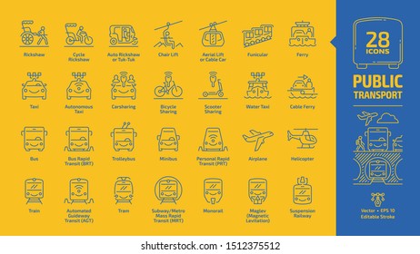 Public transport outline icon set on a yellow background with urban, inter city & international passenger vehicles editable stroke blue line signs: bus, van, car, train, airplane, ferry, bicycle, taxi