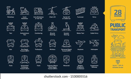 Public transport outline icon set in dark mode with passenger vehicle editable stroke line signs: trolleybus, minibus, personal rapid transit PRT, airplane, helicopter, train, tramway, subway or metro