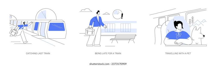 Public transport passenger abstract concept vector illustration set. Catching last night train, being late for public transport, standing on the platform, travelling with a pet abstract metaphor.