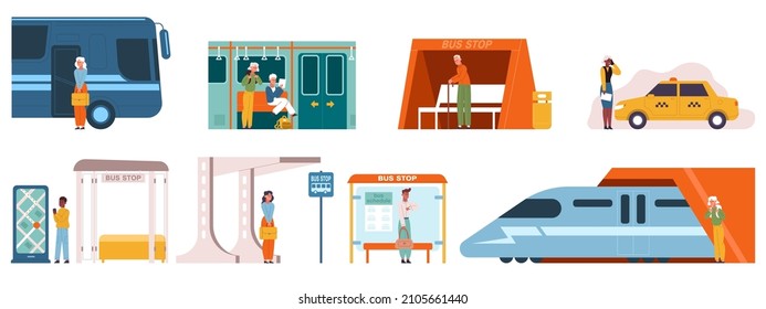 Public transport passenger characters, people in subway and bus stop. Urban city transport passengers vector illustration set. City public transport. Public transport, character in bus or metro