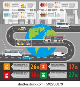 Public transport and passenger and tourist transportation statistics infographics flat template. Vector design of percent share and diagrams on use preference or availability of bus, tram and taxi