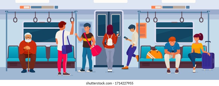 Public transport passengers. Men and women sit and stand in a modern subway wagon. Flat vector illustration