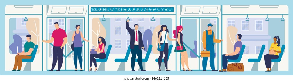 Public Transport Passengers Traveling Modern Metropolis Flat Vector Concept with Female, Male Characters Standing, Sitting on Seats in Tram or Subway Wagon, People Moving in City Bus Illustration