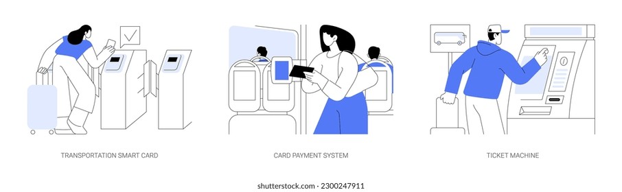 Public transport payment methods abstract concept vector illustration set. Transportation smart card, making cashless payment, citizen use ticket machine, smart city technology abstract metaphor.