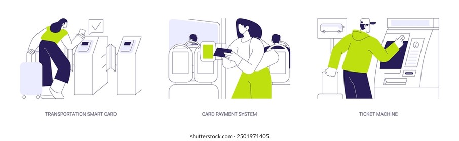 Conjunto de Ilustración vectorial de concepto abstracto de métodos de pago de transporte público. Tarjeta inteligente de Transporte, haciendo pago sin efectivo, máquina de boletos de uso ciudadano, metáfora abstracta de tecnología de ciudad inteligente.