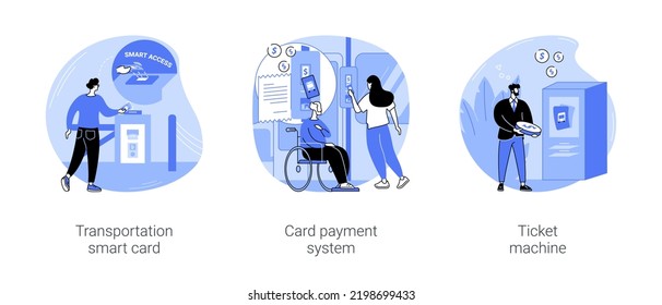 Public transport payment methods isolated cartoon vector illustrations set. Transportation smart card, making cashless payment, citizen use ticket machine, smart city technology vector cartoon.