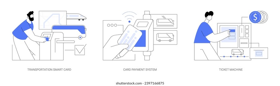 Zahlungsmethoden für öffentliche Verkehrsmittel einzeln auf Vektorgrafiken basierende Zeichensätze. Smartcard für den Transport, bargeldlose Bezahlung, Ticketautomat für die Bürger, intelligenter City-Technologie, Vektorgrafik.