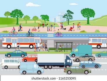 Public transport with pedestrians and cyclists