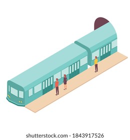 Public transport people isometric composition with view of subway station platform with arriving train vector illustration