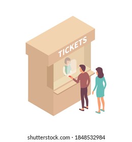 Public transport people isometric composition with view of ticket office stall with cashier and passengers vector illustration